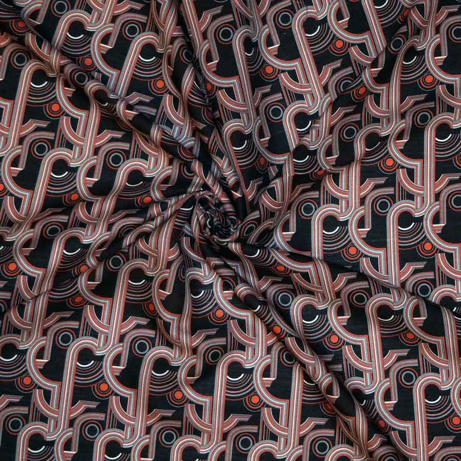 Lana seta imprimè – disegno geometrico arancio grigio su fondo nero