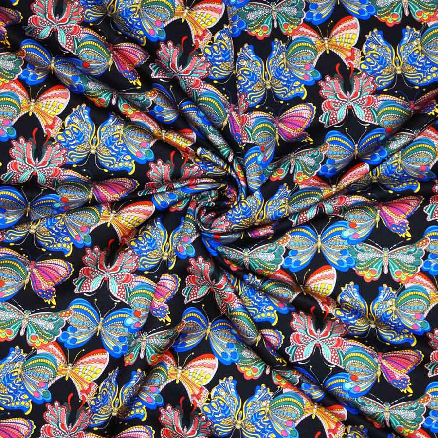 Raso lana seta imprimè – farfalle multicolor su fondo nero