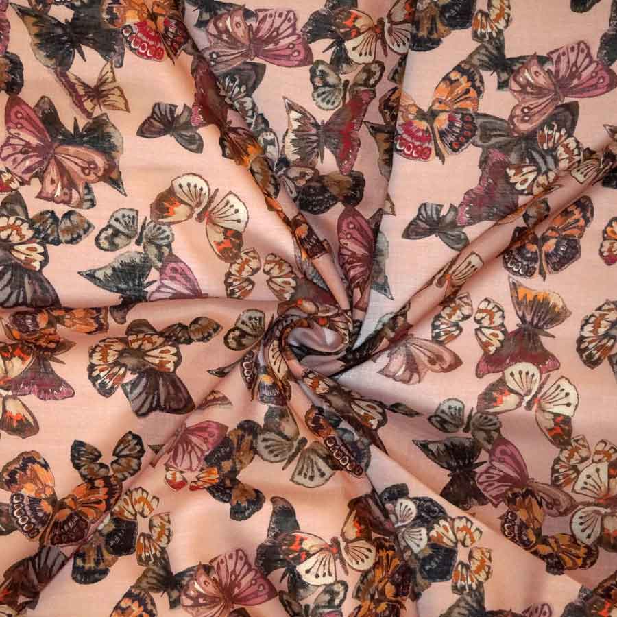 Lana seta stampata – farfalle su fondo rosa