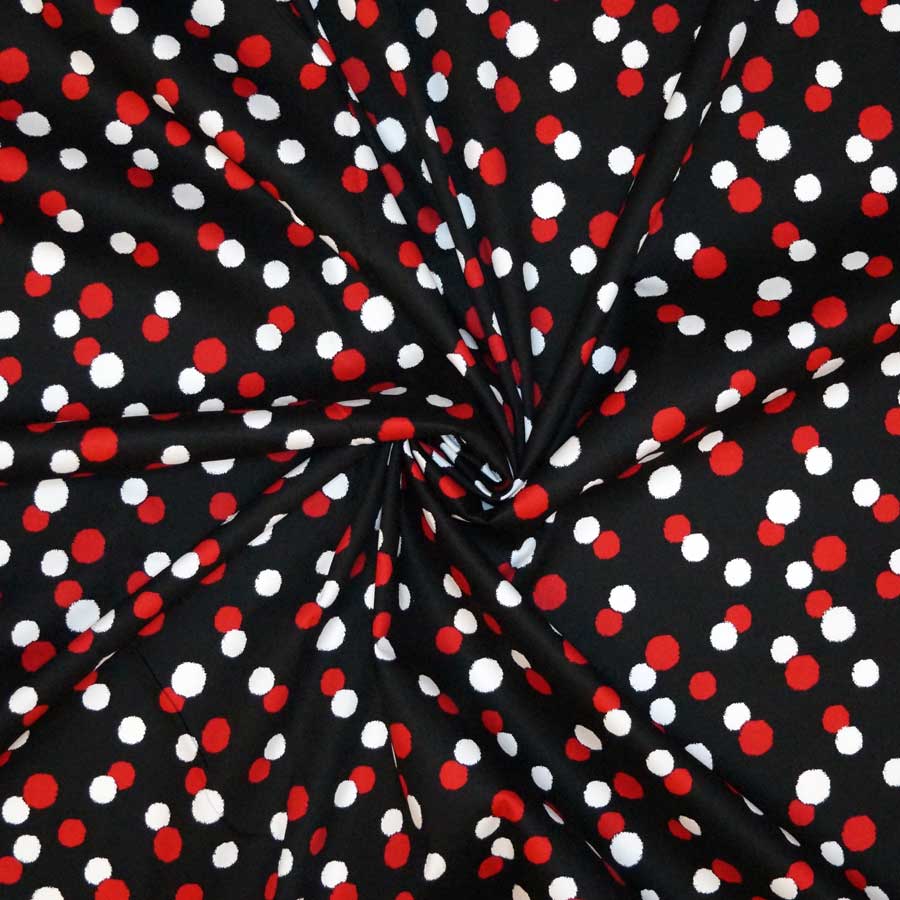 Cotone imprimè stretch – pallini rosso bianco fondo nero
